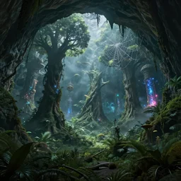photo an overgrown deep underground cave on aalien planet with a lush overgrown jungle of beautiful ancient alien trees, monolithic structures emitting cosmic astral energy, giant spider webs hanging from the cave ceiling nebula fog and cosmic mist, 4 k rtx hdr volume light concept studio matte painting environment octane, ue 5, photorealistic render trending on artstation