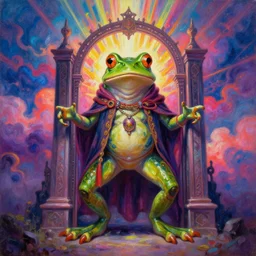 [ style ] [ oil painting ] [ palate ] [ vibrant gothic colors ] 👾 👽 anthropomorphic frog time traveler, vibrant neon nebulous clouds, radiant light rays, photorealistic painting, intricate and fine details, volumetric lighting, artstation, god figure at the gate