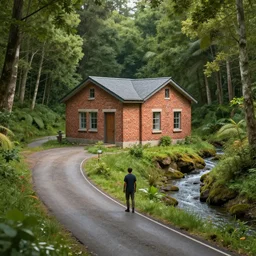 you are standing at the end of a road before a small brick building. around you is a forest. a small stream flows out of the building and down a gully, digital art, blender, unreal, 4 k, trending on artstation