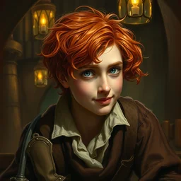 a young shy playful red head bard, in a tavern, portrait by dave dorman and daniel docciu
