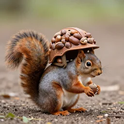 A squirrel with a helmet made of acorn, real photo