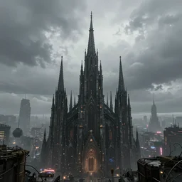 octane render of a gothic city with an overcast sky, tall spires, steampunk, cyberpunk, high - definition, trending on artstation, alienating, imposing, imperious, malevolent, moody, landscape, distant, vast, cityscape, skyline, neon, glowing, glying vehicles