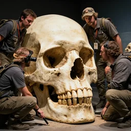 a team of archeologists uncovering the skull of a giant. Award winning photography. 15mm lens