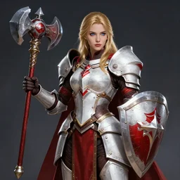 gorgeous female Paladin, beautiful face, blue eyes, mace and shield, dark golden hair, White and red armor, crusade, epic pose, trending on Artstation artstationHD, artstationHQ, cgsociety, extremely detailed, epic fantasy, matte painting, important: No extra limbs