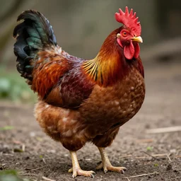 a giant, brown war chicken with glowing red eyes and sharp claws