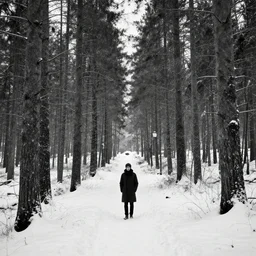 man in norwegian forest all alone in black and white in a style by lisa frank