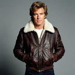 Candid portrait photograph of Leon Scott Kennedy, taken by Annie Leibovitz, Leon is wearing a Classic B-3 Sheepskin Leather Bomber Jacket