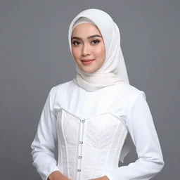 studio photo of a beautiful indonesian woman wearing hijaab and corset over white tunic, beautiful face, professional photo