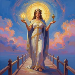 the female hierophant stands a bridge between heaven and earth holding knowledge and tradition in her hands, 8 k resolution digital painting, vibrant colors, by alena aenami, by michael whelan, behance hd, trending on artstation deviantart