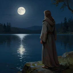 beautiful digital painting of a robed figure standing at the side of a dark lake, looking at the reflection of the moon in the water realistic, colorful, highly detailed, unreal engine