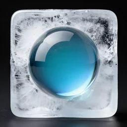 a coloured glass sphere embedded in a block of ice