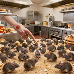 fast food restaurant kitchen filled with rats all over