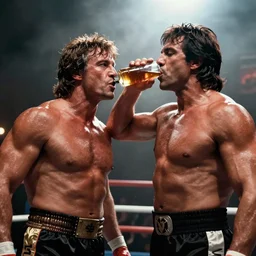 film still of ivan drago drinking with rocky balboa, glamour pose, deep focus, dramatic lighting, octane, mist, steve mccurry, volumetric lighting, 8 k
