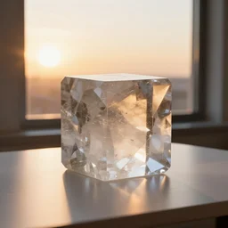 a giant cubic crystal on a white table near a window at sunset, hyperrealistic, highly detailed, high qualit, 8K, godrays, warm lighting, path traced, high coherence, calm, macro photo, symmetrical, photorealistic, low contrast, serene landscape, beautiful, geometric, octane render