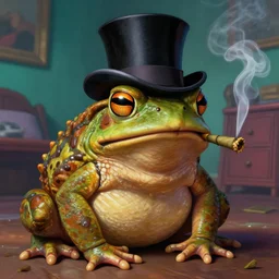 close portrait of a fancy toad ( animal ) with a top hat, smoking weed, vaporwave, bedroom, highly detailed, digital painting, artstation, concept art, smooth, sharp focus, illustration, art by artgerm and greg rutkowski and alphonse mucha