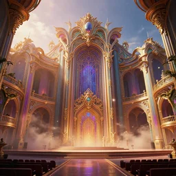 a beautiful hyperrealistic detailed 3 d render of a dreamlike surrealist stage, a digital rendering by peter mohrbacher, anton otto fischer, atey ghailan, genzoman, trending on artstation, cinematic lighting, baroque, ornate, art deco, unreal engine, octane render, sunlight, dusk, gigantic, 3 d, brilliantly coloured, intricate, ultra wide angle, physically based rendering, trending on artstation, dust, volumetric lighting, hdr, polished, micro details, ray tracing