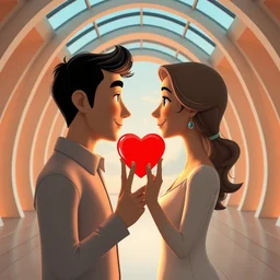 style of santiago calatrava and frank lloyd wright, perfectly centered symmetrical balanced male and female portrait of man and woman in love sharing one heart. high coherence ; 3 d cartoon 8 k ultra hd