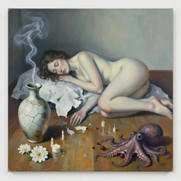 a female artist's apartment, sensual portrait of a woman sleeping, cracked handmade japanese pottery vase, torn paper smouldering smoke, candles, white flowers on the floor, puddle of water, octopus, squashed berries, neo - expressionism, surrealism, acrylic and spray paint and oilstick on canvas