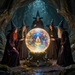 witches and wizards standing around a magical orb in a cave ,highly detailed, 4k, HDR, award-winning, artstation, octane render