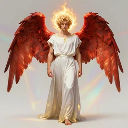 symmetrical fullbody portrait of a beautiful young fit male angel with curly blond hairs, fulldressed in long fluent clothes, majestic big red bat wings, luminous fire halo, by greg rutkowski and alphonse mucha, gradient white to gold, in front of an iridescent background, highly detailed portrait, digital painting, artstation, concept art, smooth, sharp focus illustration