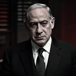 portrait of benjamin netanyahu as a godfather, neo noir, dark, foreboding, black white grey red color palette