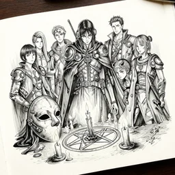 beautiful ink sketch, dieselpunk high fantasy, a mask and candles around, a pentagram, by chris riddell, ilya kuvshinov, wlop, krenz kushart, boris vallejo, ayami kojima and ayami kojima