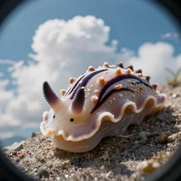 a very cute sea slug dango, by rhads, makoto shinkai and lois van baarle, johannes voss, low angle fisheye view, sky whith plump white clouds, elegant, highly detailed, artstation, 8 k, unreal engine, hdr, concept art, volumetric lighting matte