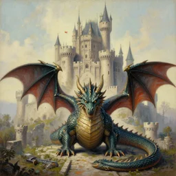 dragon infront of a castle, illustration painting, oil on canvas, intricate, detailed illustration, hd, digital art, overdetailed art, concept art, detailed, illustration painting by greg rutkowski, digital art, overdetailed art, concept art,