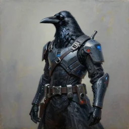 anthropomorphic raven in cyber samurai attire. oil on canvas by greg rutkowski