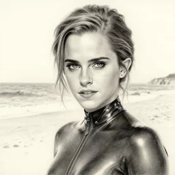 pencil drawing of emma watson wearing a latex suit in a beach, beautiful piercing eyes, hyper realistic face, in the style of greg rutkowski, fantasy, amazing detail, epic, elegant, smooth