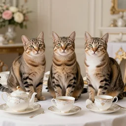 three tabby cats attend a fancy english tea party, photorealistic photorealism
