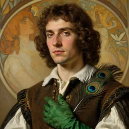 close - up young man, brown hair, in a vest with peacock feather ornament, green gloves, 1 7 th century clothing, beautiful, cinematic lighting, highly detailed, digital art, oil painting, highly detailed, sharp focus, matte painting, renaissance painting, by kinkade, by alphonse mucha, by leyendecker, by rutkowsky,