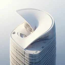sculptural pleated curved roof planes lift and descend creating shade and architectural expression, dramatic form, 3 d top view axonometric, skyscraper, morning light, lightweight structures, isometric view