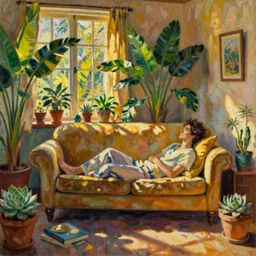 A cozy, warm living room, bathed in golden light, with many tropical plants and succulents, a figure is resting on an old couch, highly relaxed, sunday afternoon, living the good life, at peace, figurative oil on canvas by André Derain, Musée d'Orsay catalogue