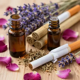 a background of herbal cigarettes and essential oils, lavender, rose petals, photorealistic,