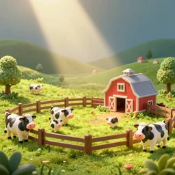 miniature farm, godrays on animals, volumetric light, cartoon render, pasture, cows, barn, happy landscape