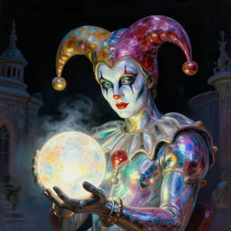 a close - up neoclassicist sci - fi portrait of a colorful chrome marble sculpture wearing jester makeup holding a dimly glowing orb in a dark moonlit courtyard at night. iridescent textures. glowing fog, black background. highly detailed fantasy science fiction painting by moebius, norman rockwell, frank frazetta, and syd mead. rich colors, high contrast, artstation