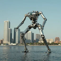 a over water city with mechanical legs, moebius