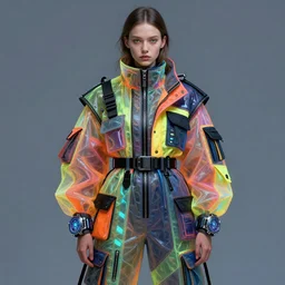 a portrait of a russian girl detailed features wearing a futuristic coat brights, utility chic, sheer fabrics, zippers, belts & velcro galore, big techno watches, cargo pants, designed by balenciaga by cgi rtx hdr painting bioluminance alena aenami artworks in 4 kby jesper ejsing, feng zhu and loish beeple sun yunjoo,