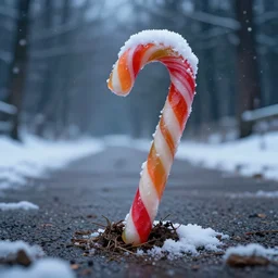 a huge colorful candy cane topped with a little pure white snow. the candy is buried in the ground on the side of a serene foot path. there are snow flurries swirling in the air epic, awe inspiring, dramatic lighting, cinematic, extremely high detail, photorealistic, cinematic lighting, trending on artstation cgsociety rendered in unreal engine, 4 k, hq,