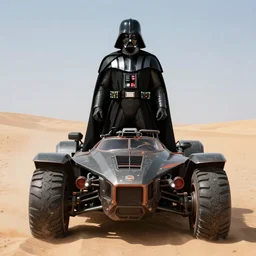 a symmetrical, medium shot of Darth Vader standing on a driving armored post apocalyptic battle car in the desert and firing a flamethrower, Mad Max Fury Road, film still, sandstorm, fire, highly realistic, center frame, spikes, flags, dust, 4K anamorphic, sun beams