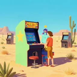 80s outdoor retro arcade, desolate, desert vegetation:: Simon Stålenhag and beeple and James Gilleard and Justin Gerard :: ornate, dynamic, particulate, intricate, elegant, highly detailed, centered, artstation, smooth, sharp focus, octane render, 3d