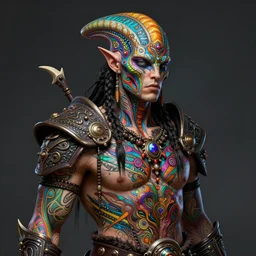 hyper detailed ultra sharp alien hybrid tribal gothic warrior trance man portrait, trending on artstation, warpaint tattoo aesthetic, earthwave, colorful, psychedelic, ornate, intricate, digital painting, concept art, smooth, sharp focus, illustration, art by artgerm, edmund leighton, amano, darius zawadzki, h. r. giger, 8 k