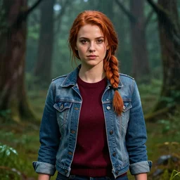 an insanely detailed realistic depiction of beautiful jodi from stardew valley standing in the rainy forest wearing burgundy sweater under denim jacket facing camera, auburn hair, pretty brown eyes, french braid, in the style of peter mohrbacher, artgerm, dramatic lighting and composition, octane render, trending on artstation, concept art 8 k