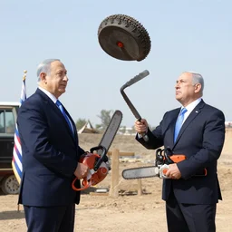 benjamin netanyahu juggling chainsaws by tom chambers