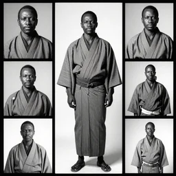 an african chief wearing a Japanese Kimono, african facial features, full body shot, rembrandt lighting, black & white, 35mm, f/1.4, analogue, magazine collage,