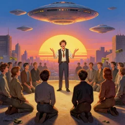 a picture of a happy subgenius - salesman at a alter speaking to a crowd of kneeling cultists, ufos in the sky, sunrise, a detailed matte painting by mort kunstler, pixiv, kitsch movement, city background, movie poster, official art