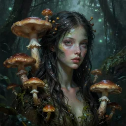 a close - up dark sci - fi portrait of a angelic alien nymph girl overgrown with mushrooms in a jungle. reflective textures. glowing fog in the background. highly detailed science fiction painting by norman rockwell, frank frazetta, and syd mead. rich colors, high contrast, gloomy atmosphere, dark background. trending on artstation