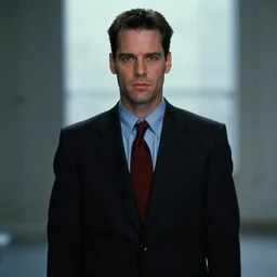 Dragonborn wearing a suit, still from the American Psycho (2000), cinematic, 4K Bluray
