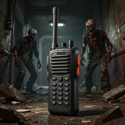 a walkie - talkie stands in rubble, intricate details, dark interior of an old hallway, horrible angry zombies in the background, 8 k hyperdetailed, unreal engine, octane render, style of gta v artworks